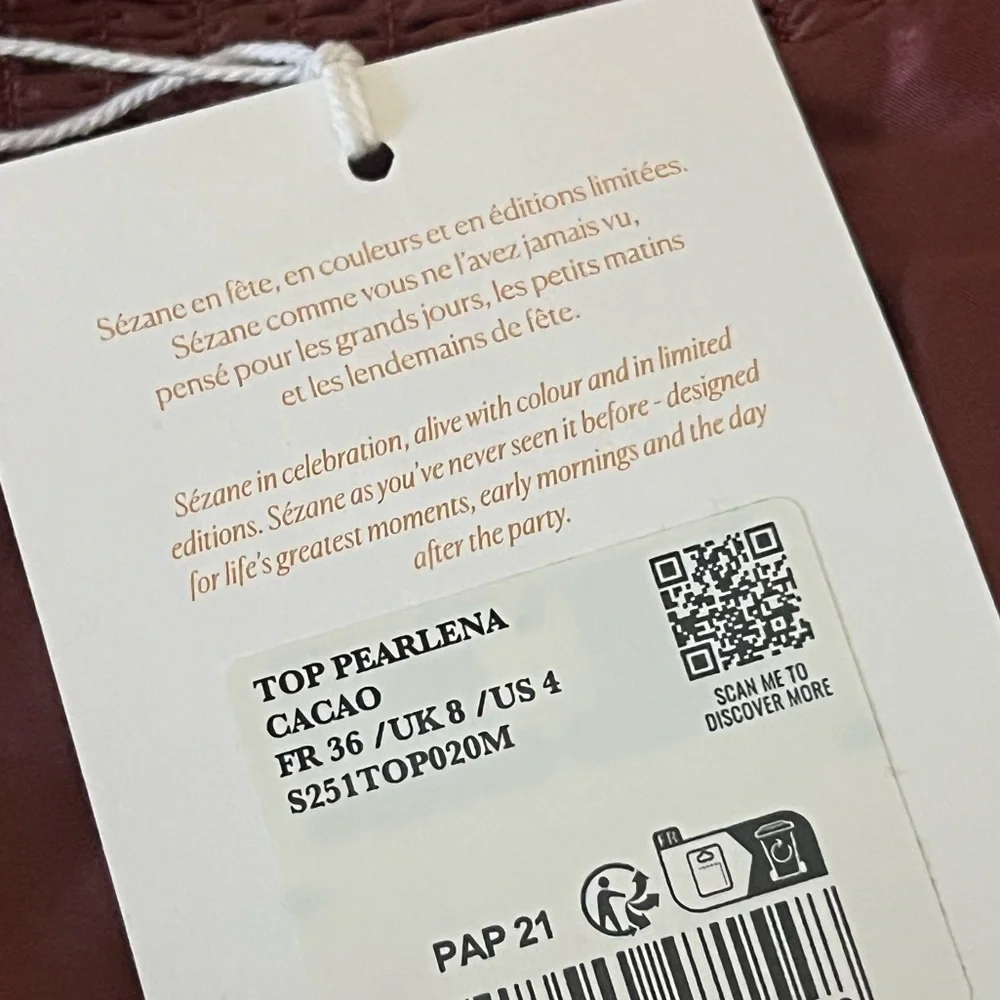 Sezane Editions 100% Silk Pearlena Top in Cacao Mahogany Brown NWT US 4 - Picture 6 of 11